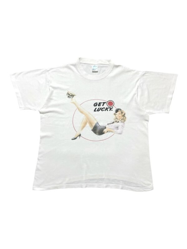 Vintage 90s Lucky Strike Get Lucky Flight Attendant Pin-Up Girl promo parody tee