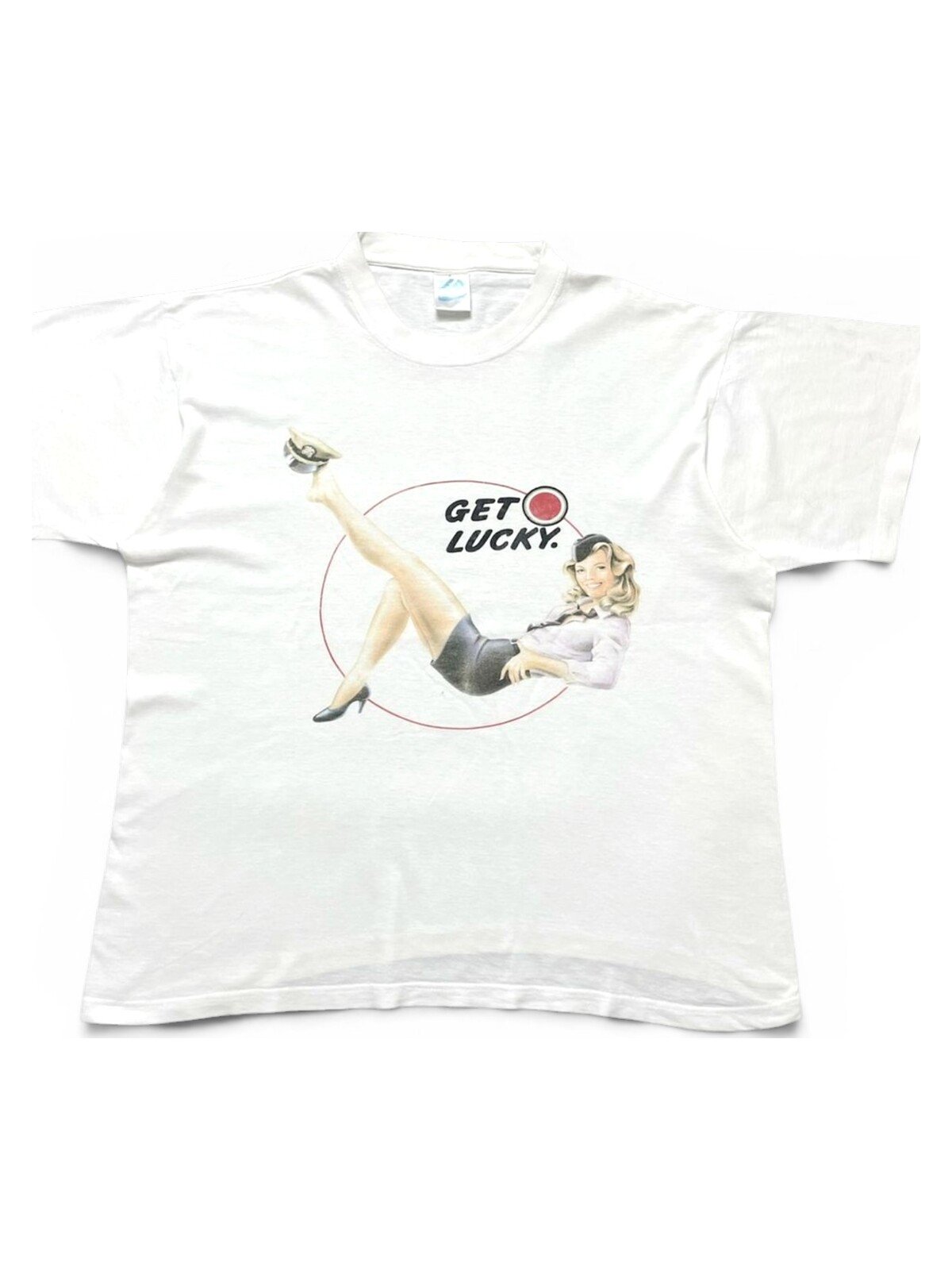 90s Vintage Lucky Strike Get Lucky Flight Attendant Pin-Up Girl T-Shirt