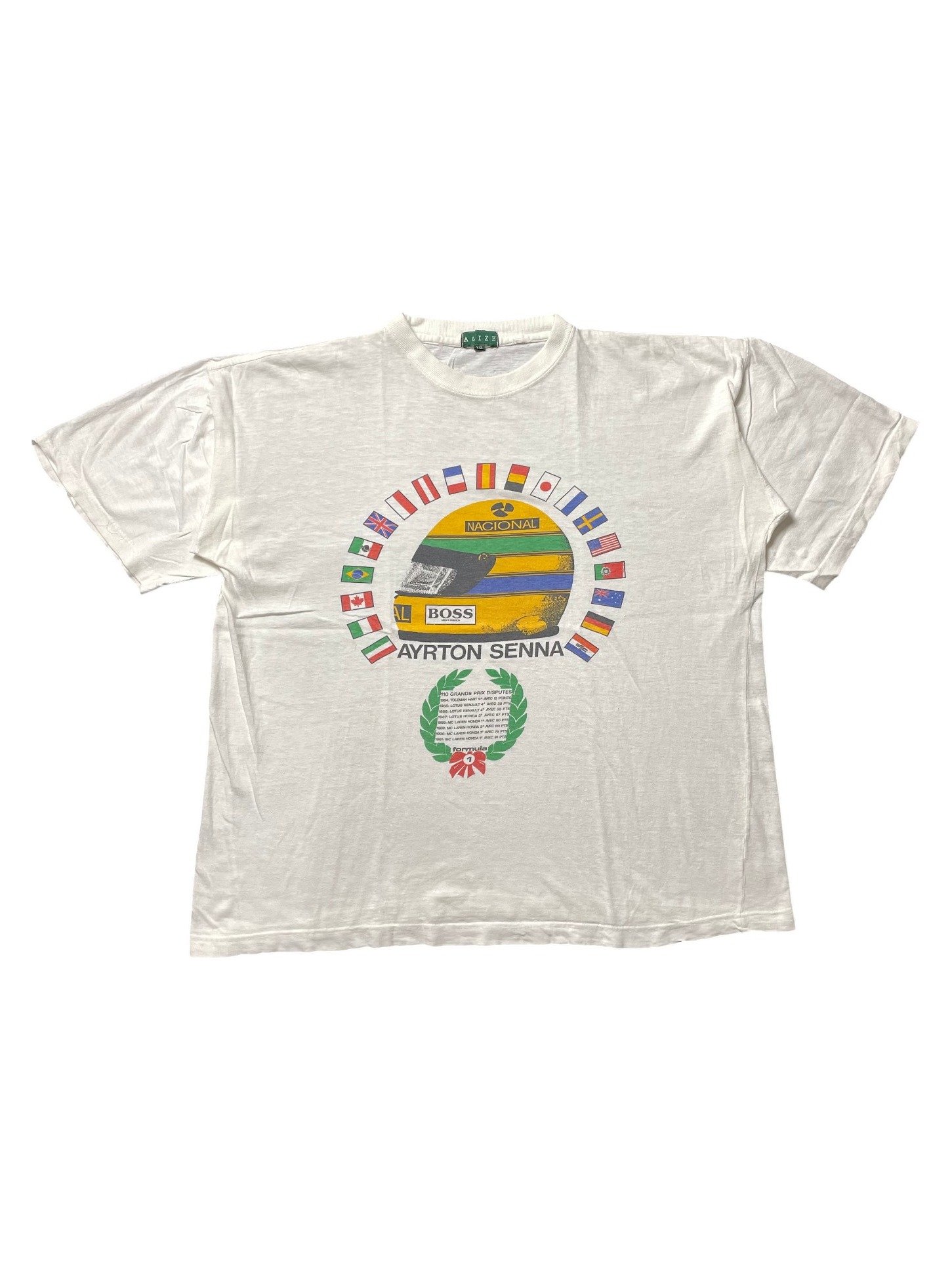 90s Ayrton Senna F1 Helmet Racing Graphic T-Shirt - Image 1