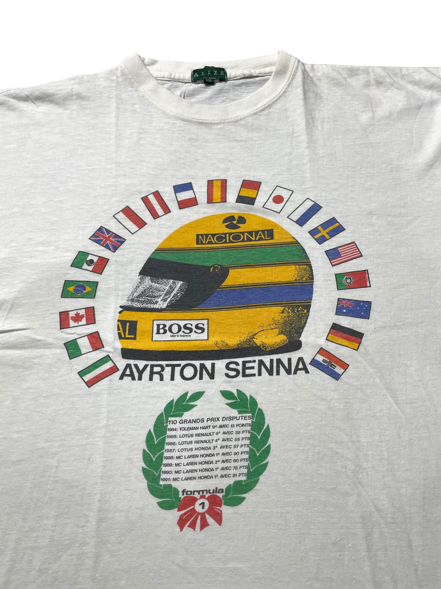 90s Ayrton Senna F1 Helmet Racing Graphic T-Shirt - Image 2
